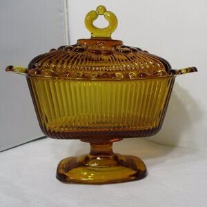 Vintage Indiana Glass Ribbed Pedestal Amber Glass Candy Dish with Lace Edge MCM